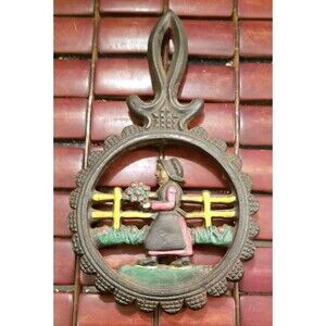 Vintage Pennsylvania Dutch Cast Iron Trivet Amish Woman Fraktur Good Luck